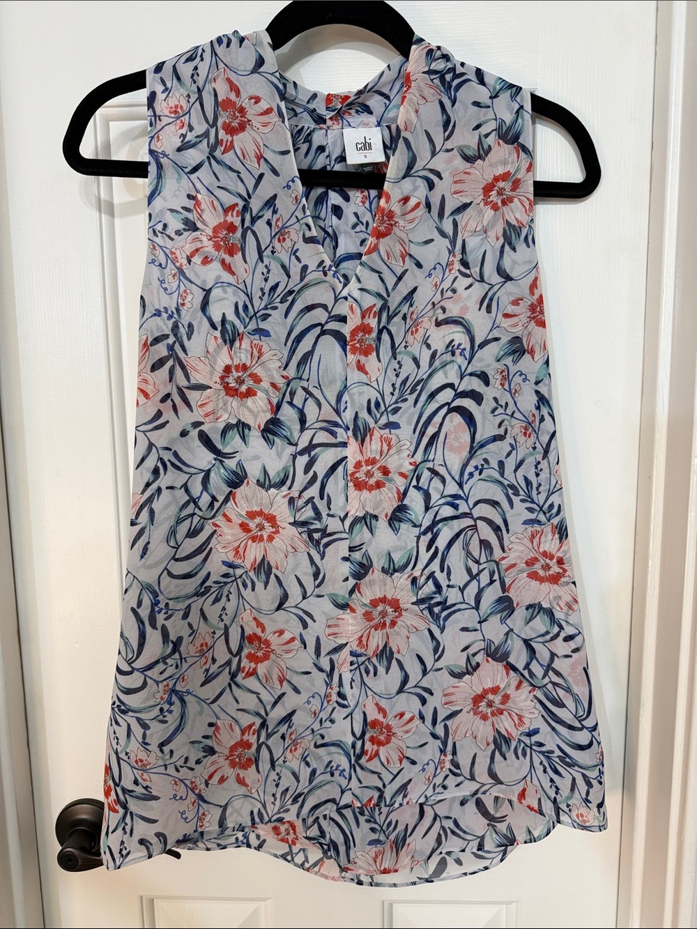 CAbi Floral V-Neck Sleeveless Top in Light Blue and Coral
